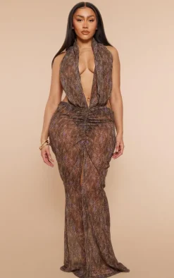 Shape Brown Leopard Printed Chiffon Drape Front Maxi Dress