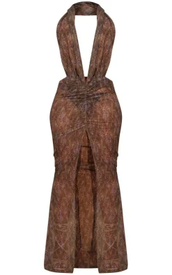 Shape Brown Leopard Printed Chiffon Drape Front Maxi Dress