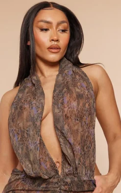 Shape Brown Leopard Printed Chiffon Drape Maxi Dress