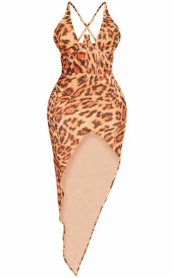 Shape Brown Leopard Printed Chiffon Corset Detail Asymmetric Hem Midi Dress