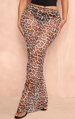 Shape Brown Leopard Printed Mesh Maxi Skirt