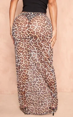 Shape Brown Leopard Printed Mesh Maxi Skirt