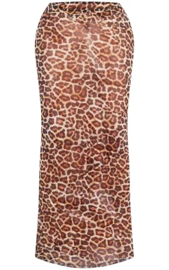 Shape Brown Leopard Printed Mesh Maxi Skirt