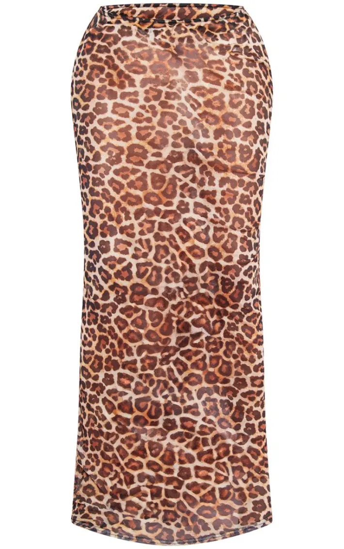 Shape Brown Leopard Printed Mesh Maxi Skirt