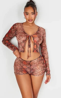 Shape Brown Mesh Snake Printed Tie Front Top