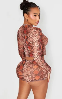 Shape Brown Mesh Snake Printed Tie Front Top