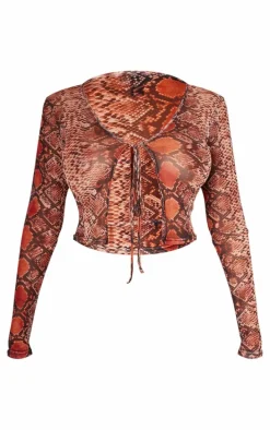 Shape Brown Mesh Snake Printed Tie Front Top