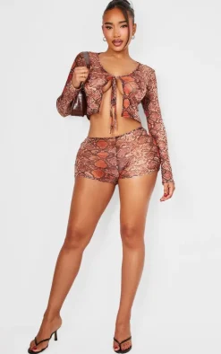 Shape Brown Mesh Snake Printed Hot Pants