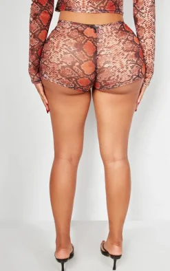 Shape Brown Mesh Snake Printed Hot Pants