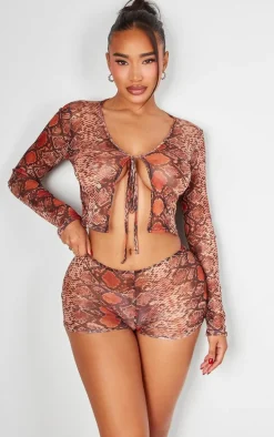 Shape Brown Mesh Snake Printed Hot Pants