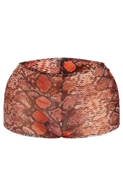 Shape Brown Mesh Snake Printed Hot Pants