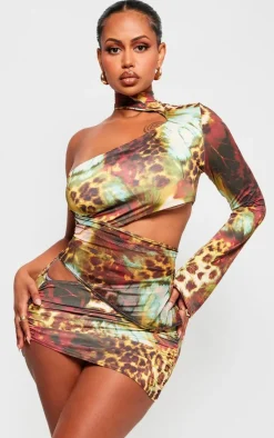 Shape Brown Mixed Animal Printed Slinky One Sleeve Cut Out Bodycon Dress