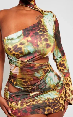 Shape Brown Mixed Animal Printed Slinky One Sleeve Cut Out Bodycon Dress