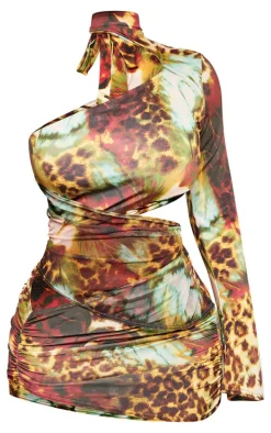 Shape Brown Mixed Animal Printed Slinky One Sleeve Cut Out Bodycon Dress