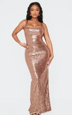 Shape Brown Open Back Fitted Sequin Maxi Dress