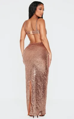Shape Brown Open Back Fitted Sequin Maxi Dress