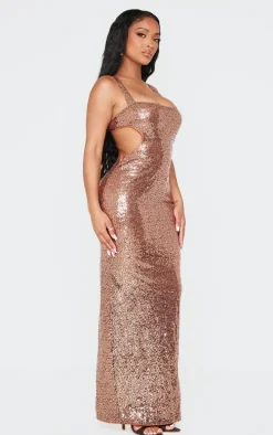 Shape Brown Open Back Fitted Sequin Maxi Dress