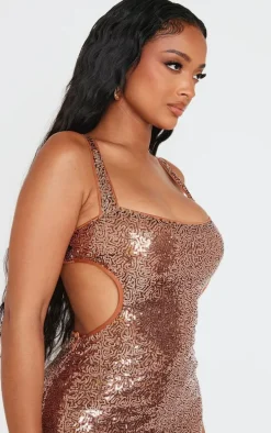 Shape Brown Open Back Fitted Sequin Maxi Dress