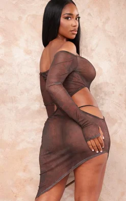 Shape Brown Printed Cut Out Asymmetric Hem Mini Dress