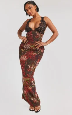 Shape Brown Printed Woven Lace Cup Detail Maxi Dress