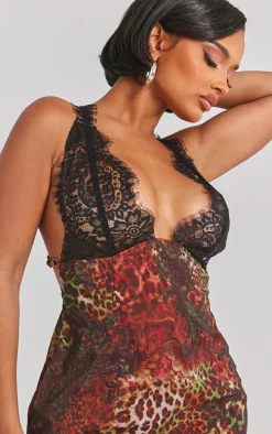 Shape Brown Printed Woven Lace Cup Detail Maxi Dress