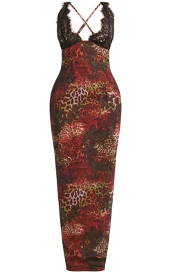 Shape Brown Printed Woven Lace Cup Detail Maxi Dress