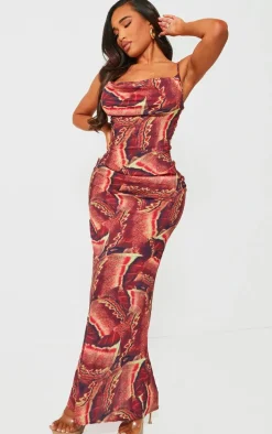 Shape Brown Printed Woven Cowl Neck Maxi Dress