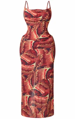 Shape Brown Printed Woven Cowl Neck Maxi Dress