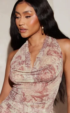 Shape Brown Renaissance Printed Mesh Cowl Neck Top