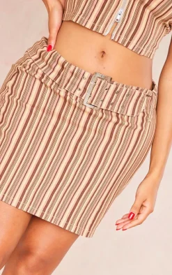 Shape Brown Retro Stripe Buckle Low Rise Micro Mini Skirt