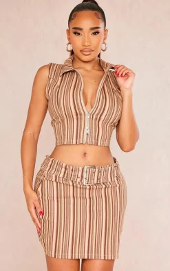 Shape Brown Retro Stripe Zip Detail Sleeveless Top