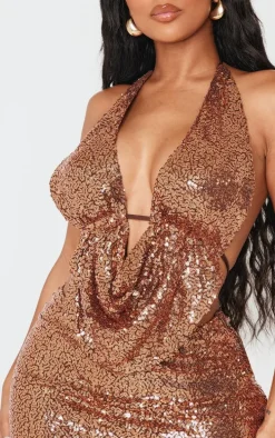 Shape Brown Sequin Cowl Halter Neck Top