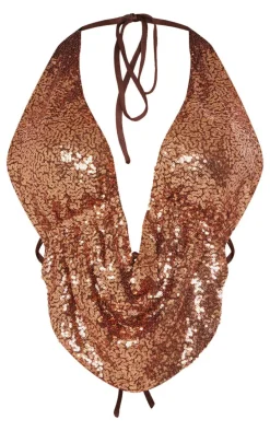Shape Brown Sequin Cowl Halter Neck Top