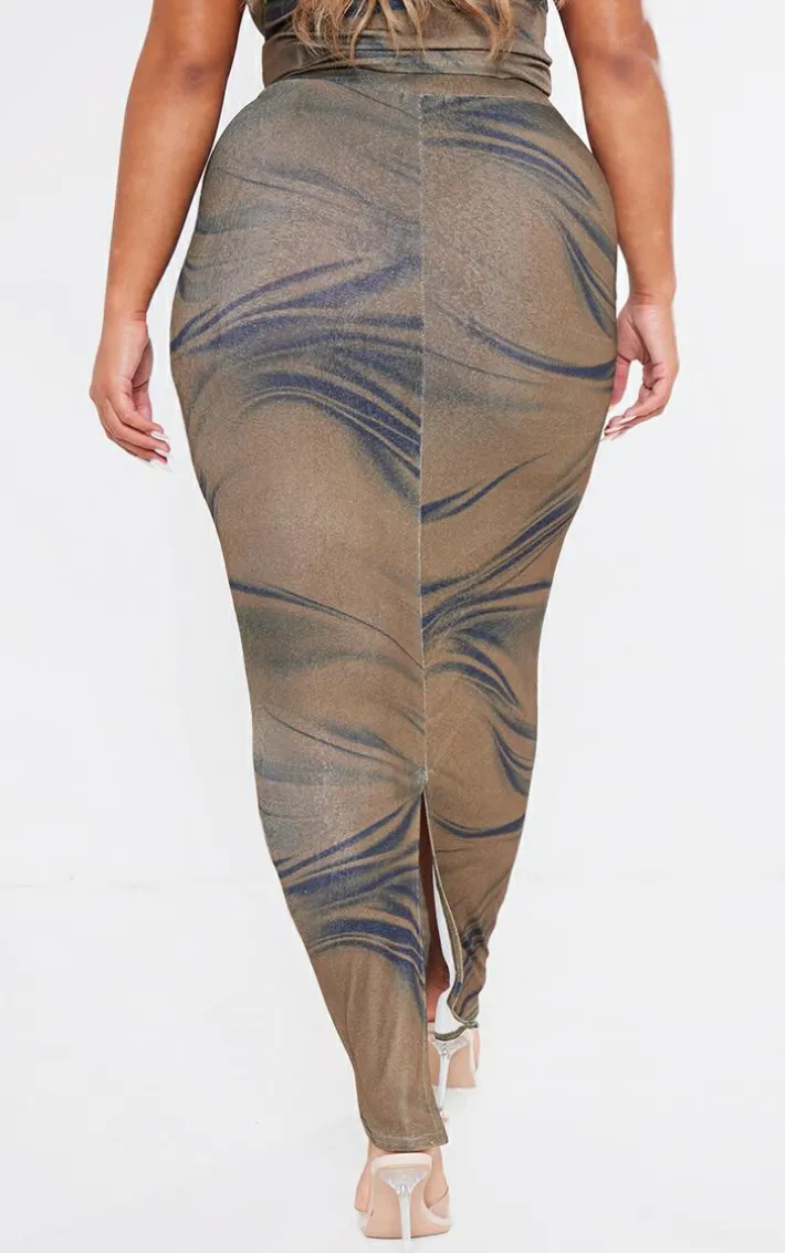 Shape Brown Sheer Mesh Printed Maxi Skirt