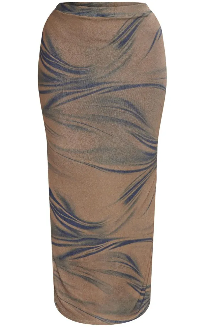 Shape Brown Sheer Mesh Printed Maxi Skirt
