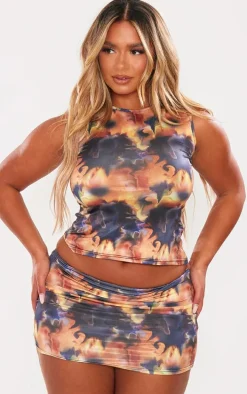 Shape Brown Slinky Abstract Print Micro Mini Skirt