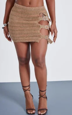 Shape Brown Stripe Knit Double Buckle Mini Skirt
