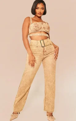Shape Brown Washed Denim Belted Straight Leg Jeans