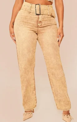 Shape Brown Washed Denim Belted Straight Leg Jeans