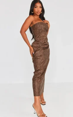 Shape Brown Washed Effect Faux Leather Maxi Dress