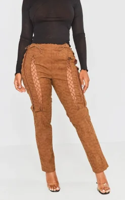 Shape Brown Washed Faux Leather Lace Detail Pants