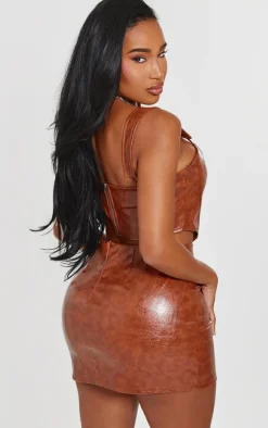 Shape Brown Washed Faux Leather Dip Hem Corset