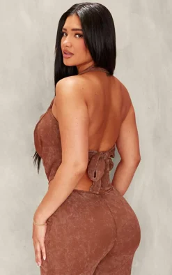 Shape Brown Washed Ribbed Halterneck Cowl Crop Top