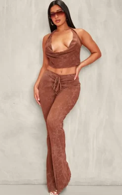 Shape Brown Washed Ribbed Halterneck Cowl Crop Top