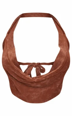 Shape Brown Washed Ribbed Halterneck Cowl Crop Top