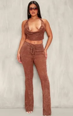 Shape Brown Washed Ribbed Ruched Front Flare Pants
