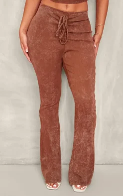 Shape Brown Washed Ribbed Ruched Front Flare Pants