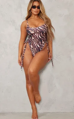 Shape Brown Zebra Print Ruched Side High Rise Swimsuit