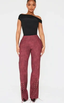 Shape Burgundy Faux Leather Lace Up Flare Pants