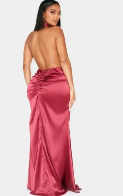 Shape Burgundy Satin Halter Neck Deep Plunge Front Ruched Waist Maxi Fishtail Dress